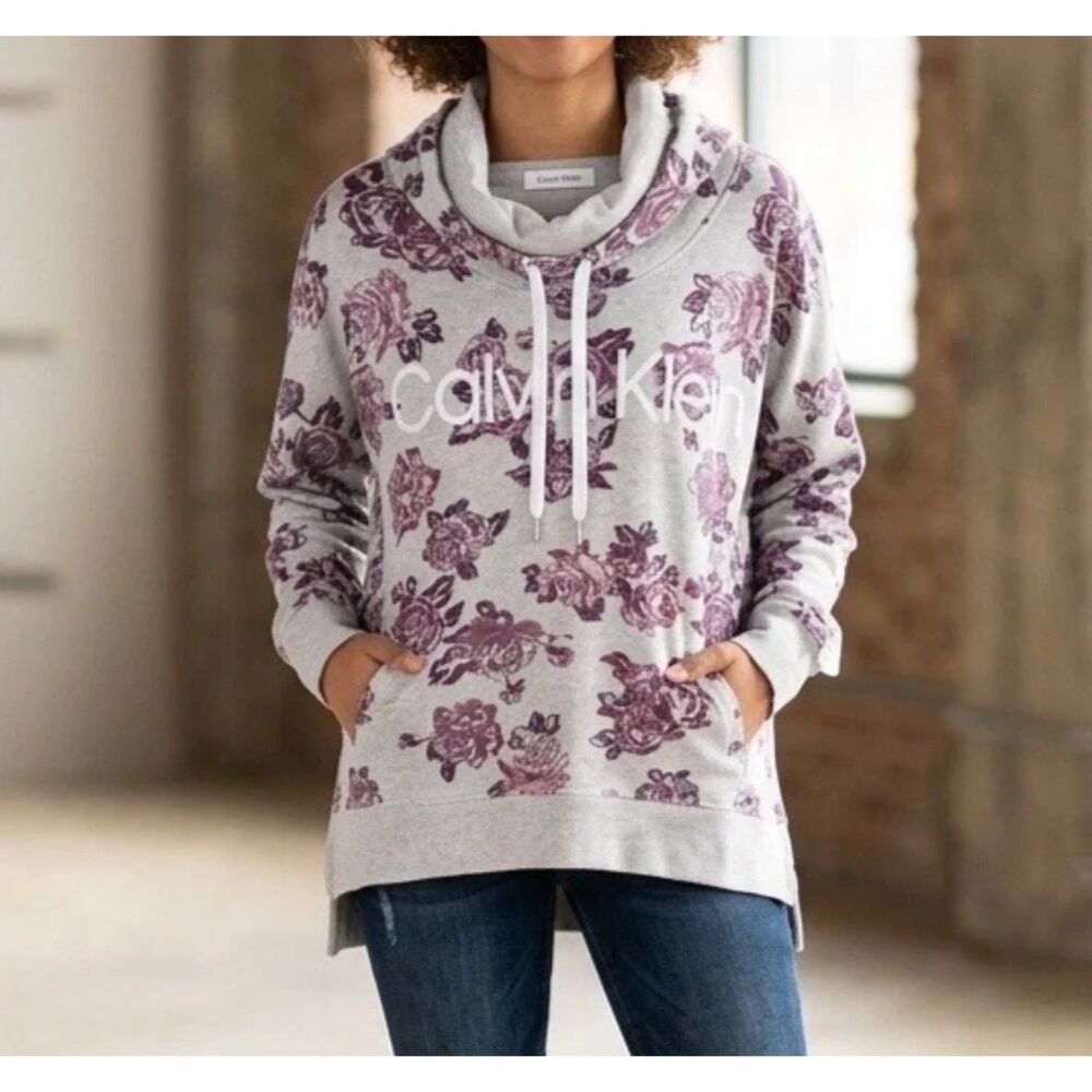 Calvin Klein Sweatshirt Womens XL Gray Cowl Neck Logo Floral AOP Roses